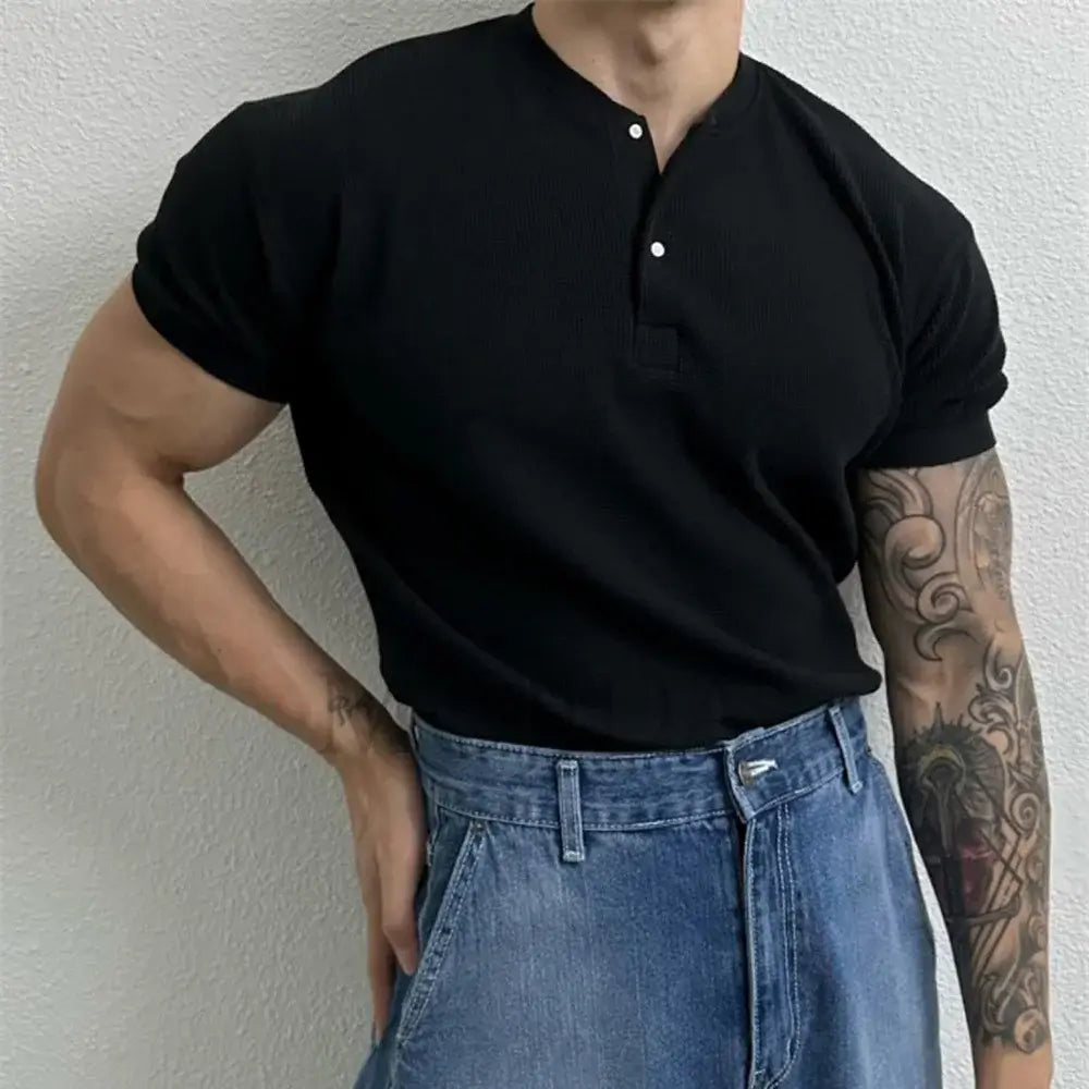 Harajuku Waffle Knit Henley T-shirt - Comfort Harajuku Waffle Knit Henley T-Shirt | Stylish Short Sleeve Tee Alex Shogun Men's Clothes