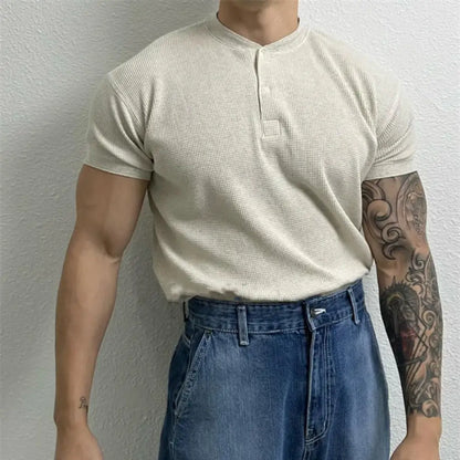 Harajuku Waffle Knit Henley T-shirt - Comfort Harajuku Waffle Knit Henley T-Shirt | Stylish Short Sleeve Tee Alex Shogun Men's Clothes