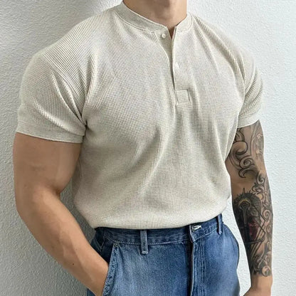 Harajuku Waffle Knit Henley T-shirt - Comfort Harajuku Waffle Knit Henley T-Shirt | Stylish Short Sleeve Tee Alex Shogun Men's Clothes