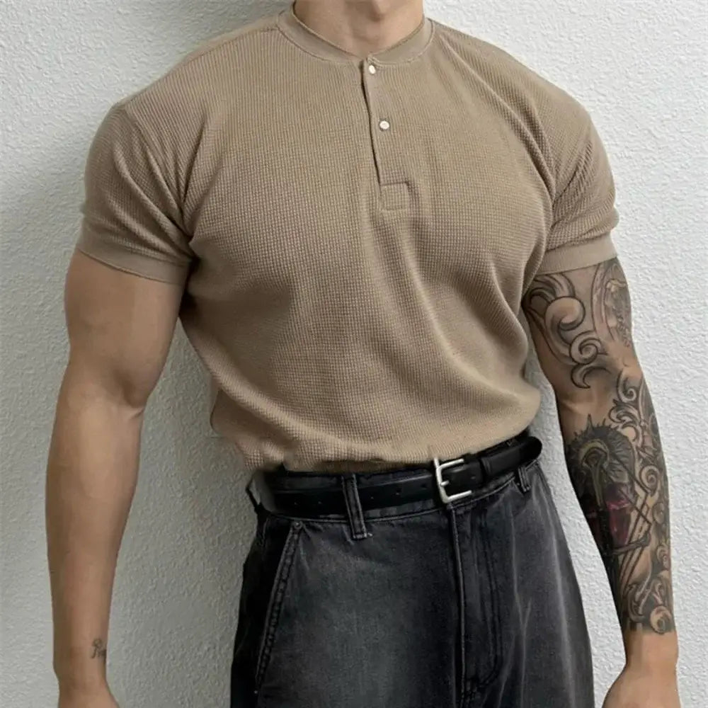 Harajuku Waffle Knit Henley T-shirt - Comfort Harajuku Waffle Knit Henley T-Shirt | Stylish Short Sleeve Tee Alex Shogun Men's Clothes