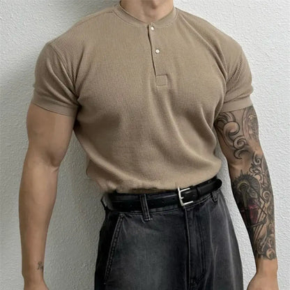Harajuku Waffle Knit Henley T-shirt - Comfort Harajuku Waffle Knit Henley T-Shirt | Stylish Short Sleeve Tee Alex Shogun Men's Clothes