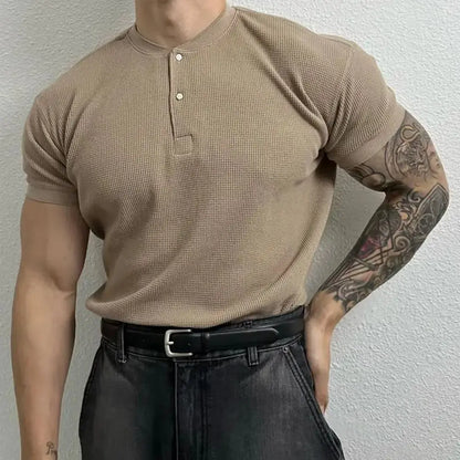 Harajuku Waffle Knit Henley T-shirt - Comfort Harajuku Waffle Knit Henley T-Shirt | Stylish Short Sleeve Tee Alex Shogun Men's Clothes