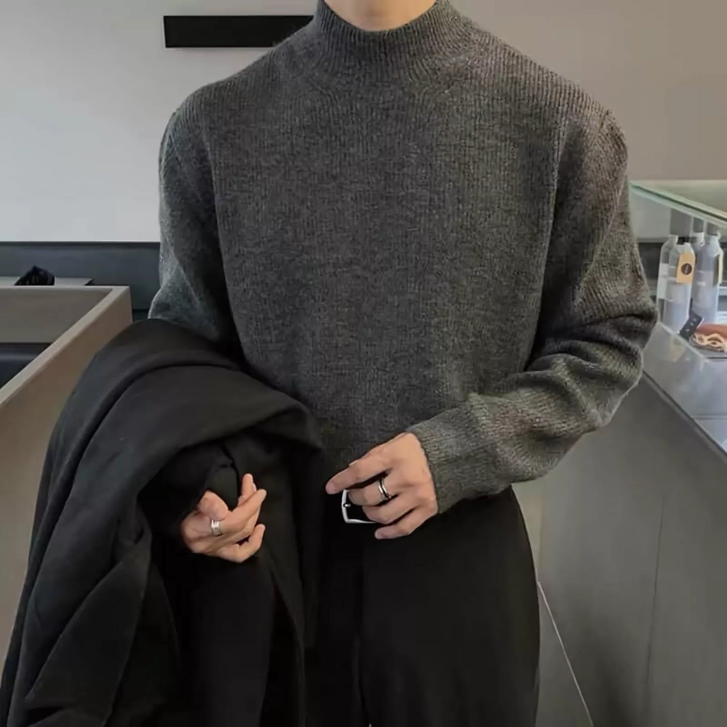 Minimalist Mock Neck Sweater - Men's Mock Neck Sweater | Dark Minimalist Knitwear | Alex Shogun Alex Shogun Men's Clothes