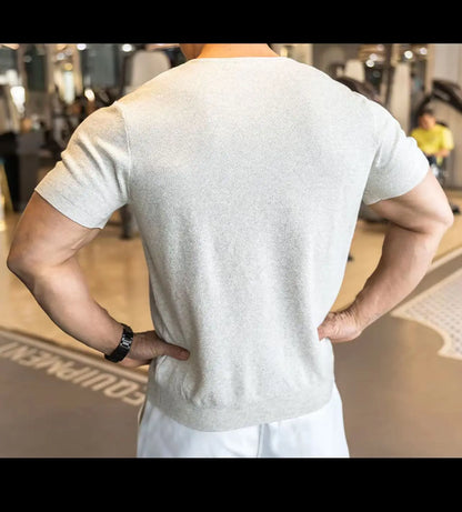 Ribbed V-Neck Knit Tee — White / Apricot / Black / Grey - Alex Shogun Men's Clothes