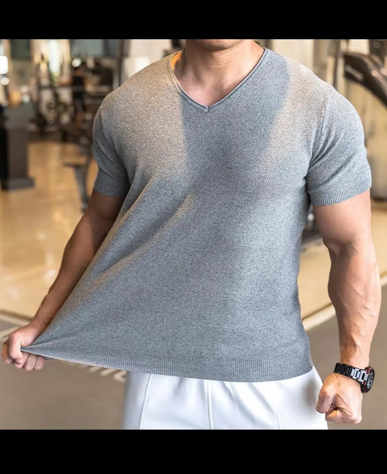 Ribbed V-Neck Knit Tee — White / Apricot / Black / Grey - Alex Shogun Men's Clothes