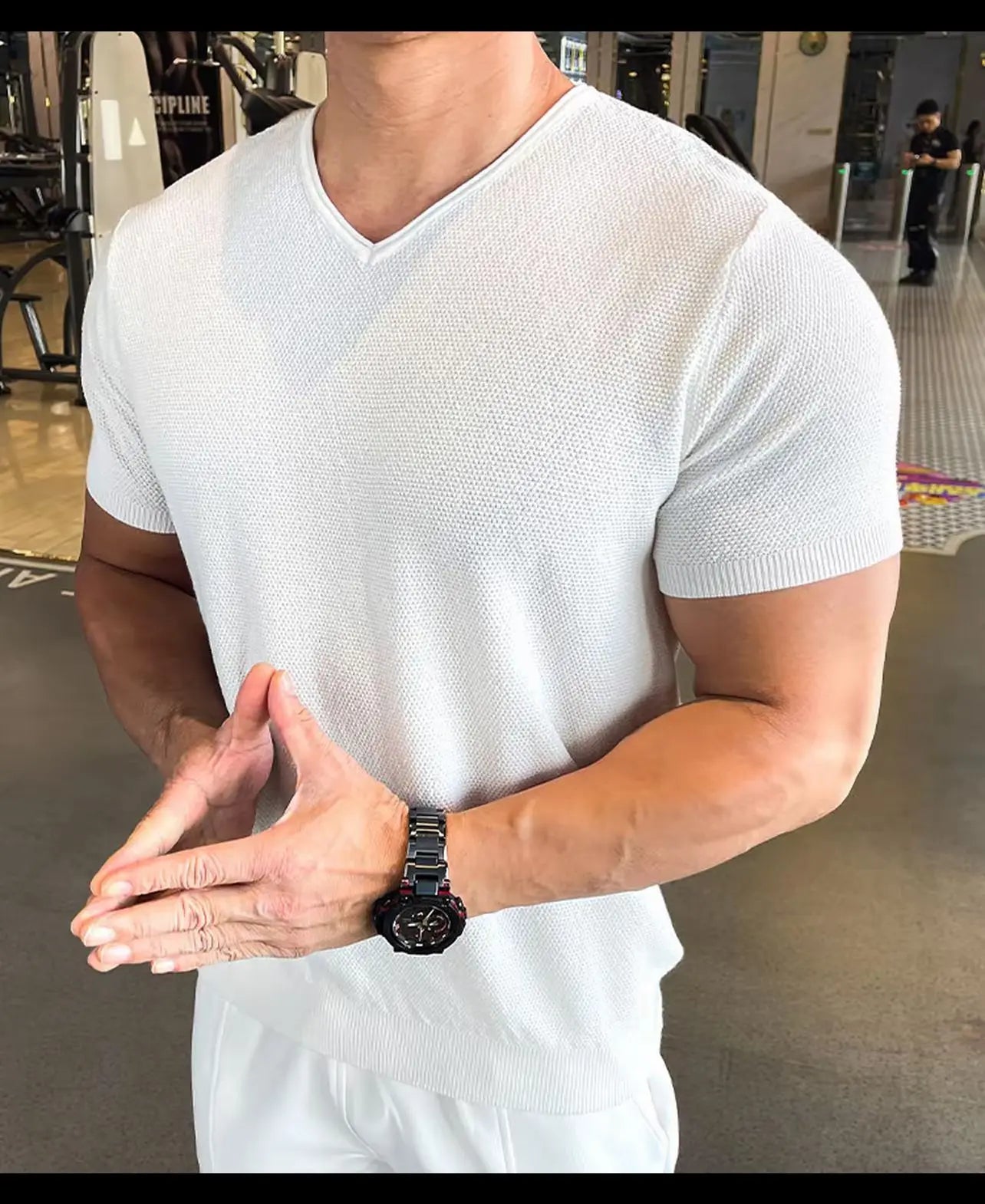 Ribbed V-Neck Knit Tee — White / Apricot / Black / Grey - Alex Shogun Men's Clothes