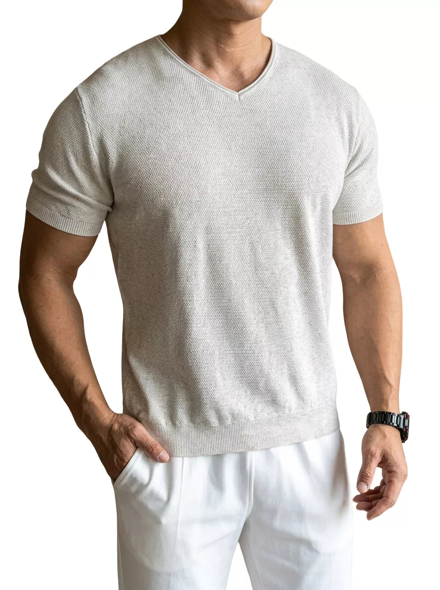 Ribbed V-Neck Knit Tee — White / Apricot / Black / Grey - Alex Shogun Men's Clothes