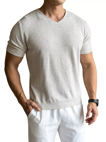 Ribbed V-Neck Knit Tee — White / Apricot / Black / Grey - Alex Shogun Men's Clothes