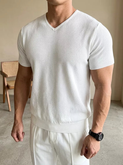 Ribbed V-Neck Knit Tee — White / Apricot / Black / Grey - Alex Shogun Men's Clothes