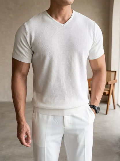 Ribbed V-Neck Knit Tee — White / Apricot / Black / Grey - Alex Shogun Men's Clothes