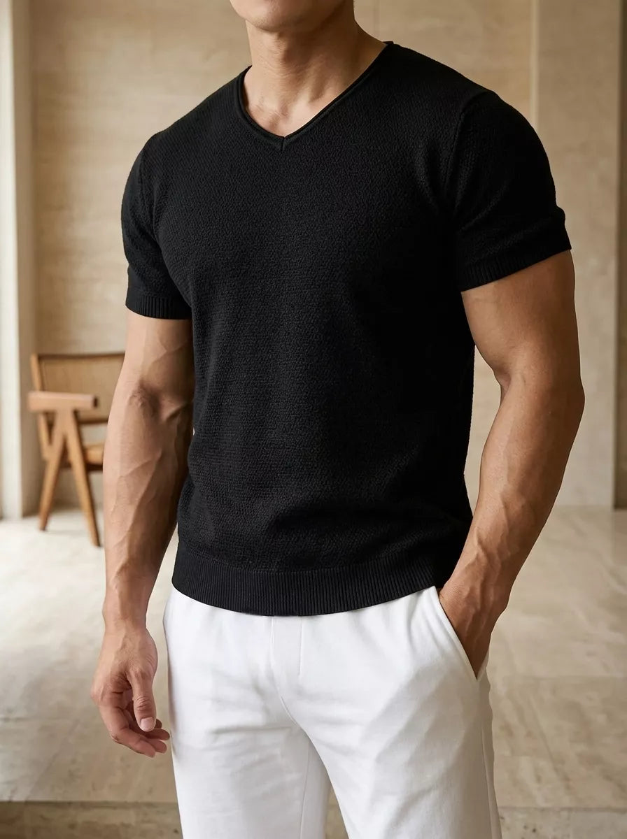 Ribbed V-Neck Knit Tee — White / Apricot / Black / Grey - Alex Shogun Men's Clothes