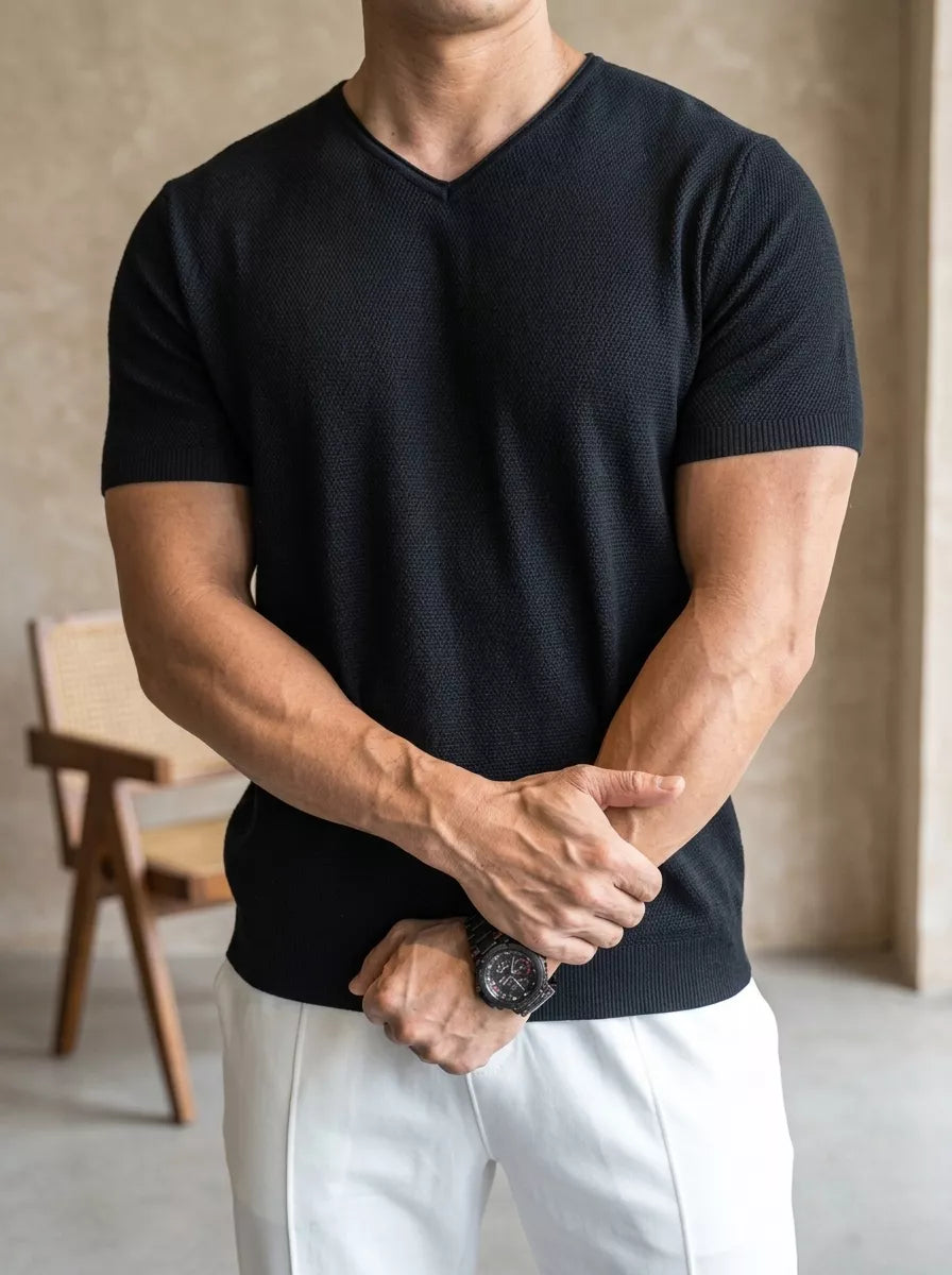 Ribbed V-Neck Knit Tee — White / Apricot / Black / Grey - Alex Shogun Men's Clothes