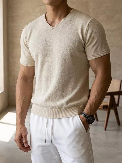Ribbed V-Neck Knit Tee — White / Apricot / Black / Grey - Alex Shogun Men's Clothes
