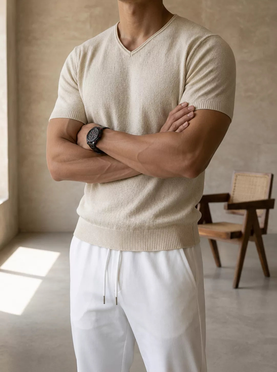 Ribbed V-Neck Knit Tee — White / Apricot / Black / Grey - Alex Shogun Men's Clothes