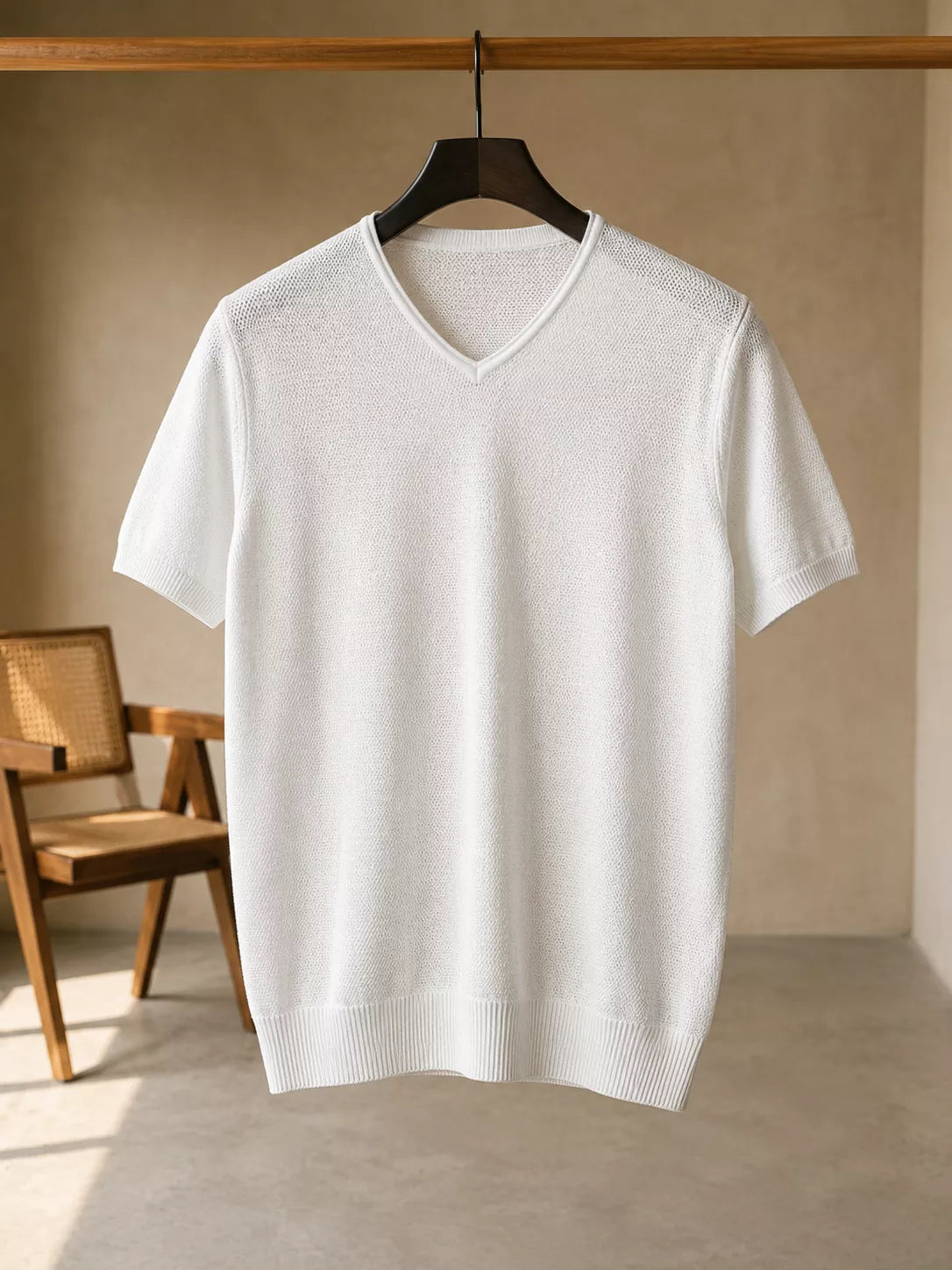 Ribbed V-Neck Knit Tee — White / Apricot / Black / Grey - Alex Shogun Men's Clothes