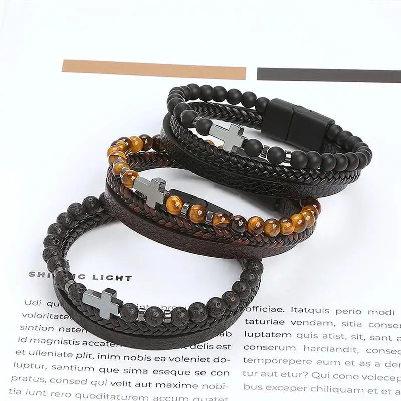 The Guardian Cross Bracelet — Tiger Eye Edition - Men's Leather Cross Bracelet | Tiger Eye Jewelry | Alex Shogun Alex Shogun Men's Clothes