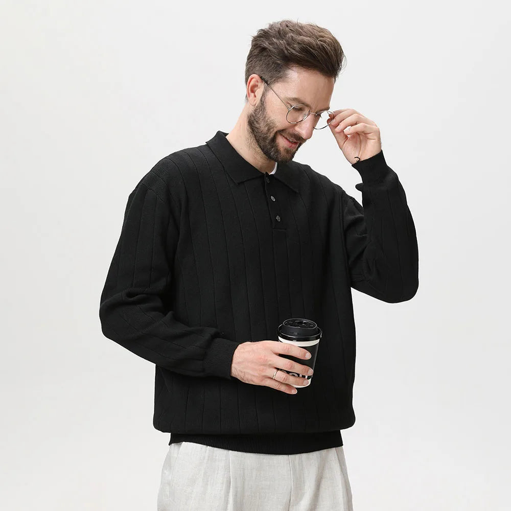 Polo Collar Sweater Vertical Ribbed - Polo Collar Sweater Vertical Ribbed Alex Shogun Men's Clothes