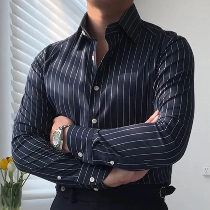 The Davies Dress Stripe Shirt - Striped long sleeve shirts in various trendy designs and colors Alex Shogun Men's Clothes