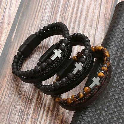 The Guardian Cross Bracelet — Tiger Eye Edition - Men's Leather Cross Bracelet | Tiger Eye Jewelry | Alex Shogun Alex Shogun Men's Clothes