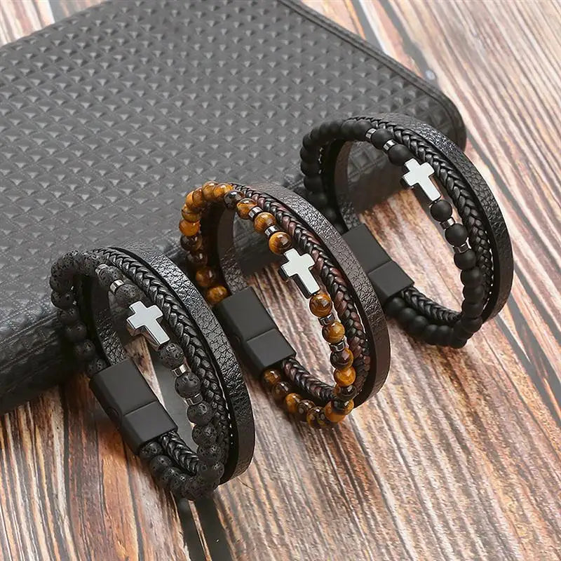 The Guardian Cross Bracelet — Tiger Eye Edition - Men's Leather Cross Bracelet | Tiger Eye Jewelry | Alex Shogun Alex Shogun Men's Clothes