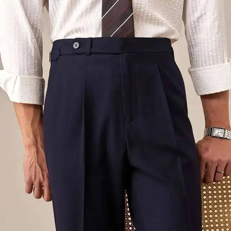 Sovereign Pleat Trousers — Black & Navy - Men's High-Waist Pleated Wool Blend Trousers | Dress Pants AlexShogun Alex Shogun Men's Clothes