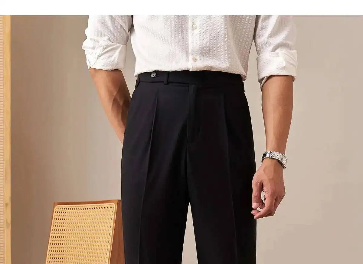 Sovereign Pleat Trousers — Black & Navy - Men's High-Waist Pleated Wool Blend Trousers | Dress Pants AlexShogun Alex Shogun Men's Clothes