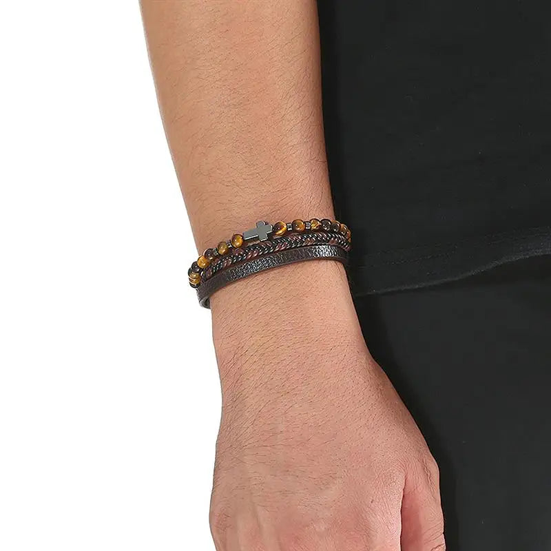 The Guardian Cross Bracelet — Tiger Eye Edition - Men's Leather Cross Bracelet | Tiger Eye Jewelry | Alex Shogun Alex Shogun Men's Clothes
