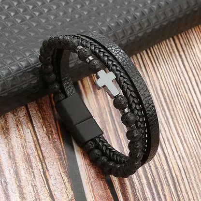 The Guardian Cross Bracelet — Tiger Eye Edition - Men's Leather Cross Bracelet | Tiger Eye Jewelry | Alex Shogun Alex Shogun Men's Clothes
