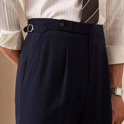 Sovereign Pleat Trousers — Black & Navy - Men's High-Waist Pleated Wool Blend Trousers | Dress Pants AlexShogun Alex Shogun Men's Clothes