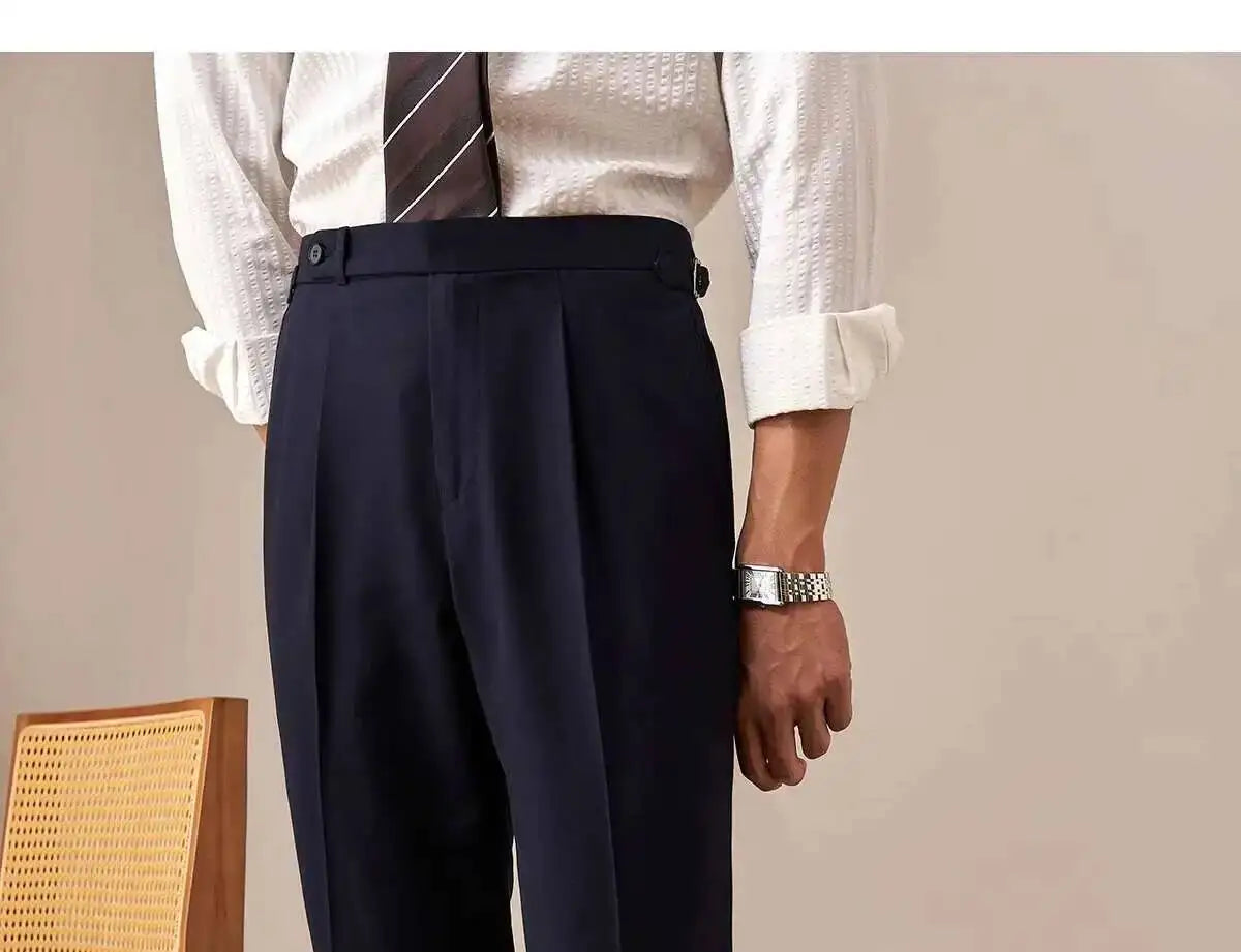 Sovereign Pleat Trousers — Black & Navy - Men's High-Waist Pleated Wool Blend Trousers | Dress Pants AlexShogun Alex Shogun Men's Clothes