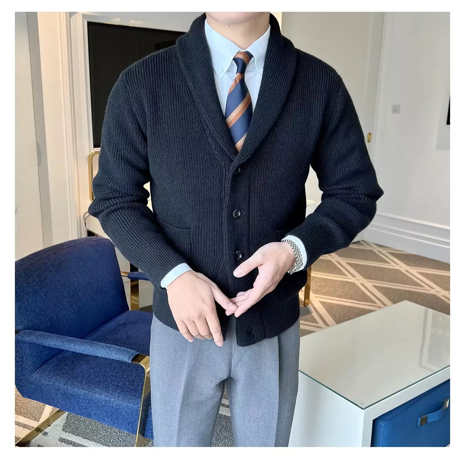 Shawl Collar Cardigan - Men's Shawl Collar Cardigan | Elegant Knitwear | Alex Shogun Alex Shogun Men's Clothes