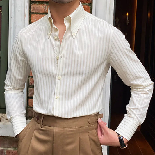 Striped Shirt with Retro Pointed Collar - High-Quality Retro Striped Shirt: Vintage-Inspired Pointed Collar Alex Shogun Men's Clothes