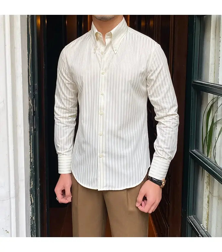 Striped Shirt with Retro Pointed Collar - High-Quality Retro Striped Shirt: Vintage-Inspired Pointed Collar Alex Shogun Men's Clothes