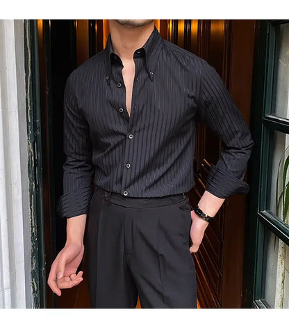 Striped Shirt with Retro Pointed Collar - High-Quality Retro Striped Shirt: Vintage-Inspired Pointed Collar Alex Shogun Men's Clothes