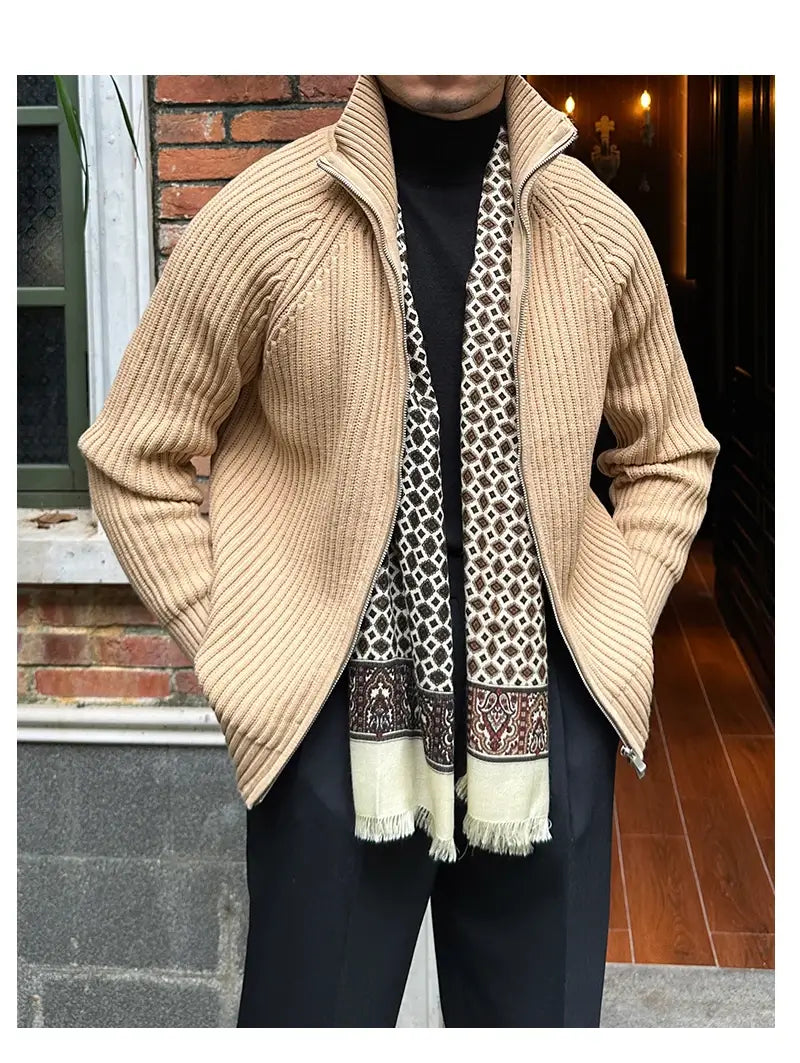 Men's Ribbed Knit Full-Zip Jacket - Premium Vintage Style & Warmth