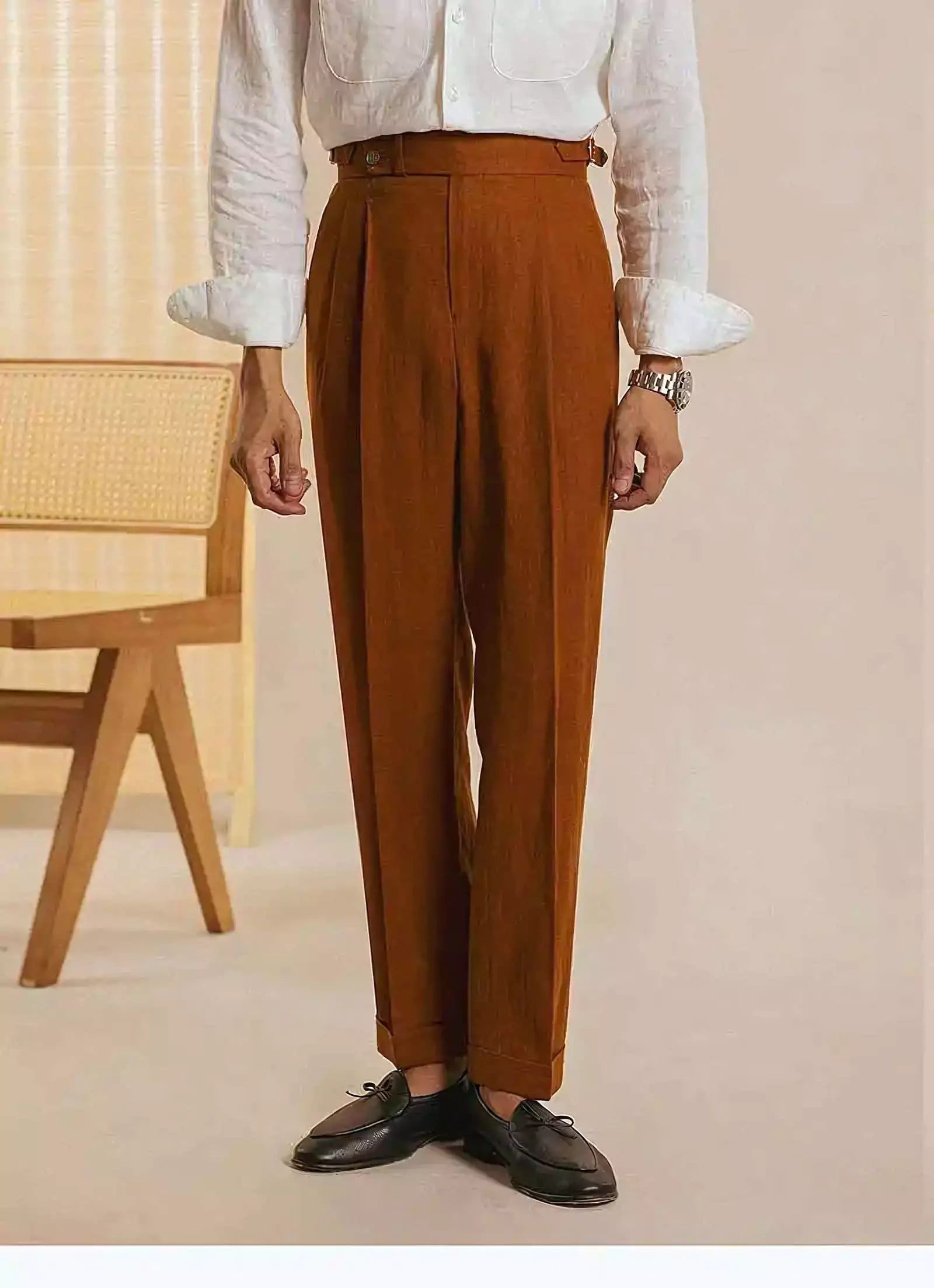 Men's High Waist Linen Trousers | Elegant Tailored