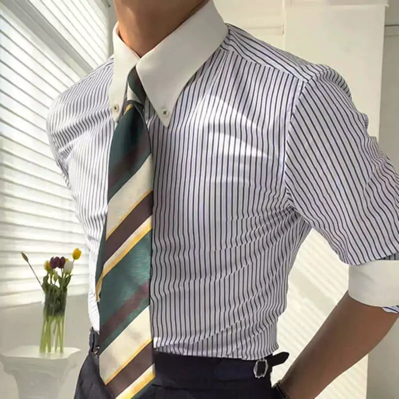 Men's White Blue Striped Dress Shirt | Tailored Fit | Alex Shogun Men's White Blue Striped Dress Shirt | Tailored Fit | Alex Shogun