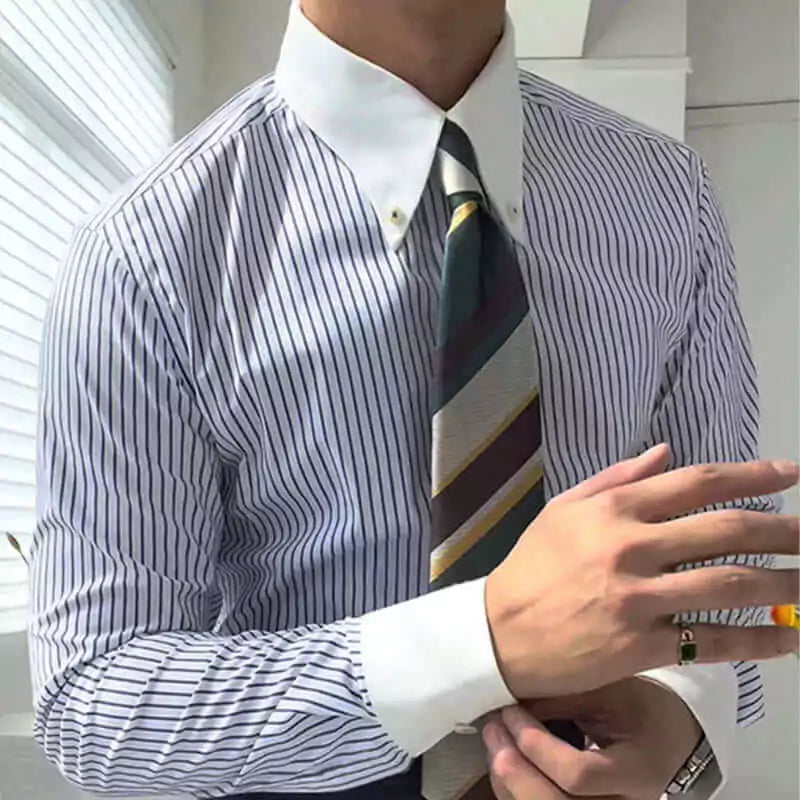 Men's White Blue Striped Dress Shirt | Tailored Fit | Alex Shogun Men's White Blue Striped Dress Shirt | Tailored Fit | Alex Shogun