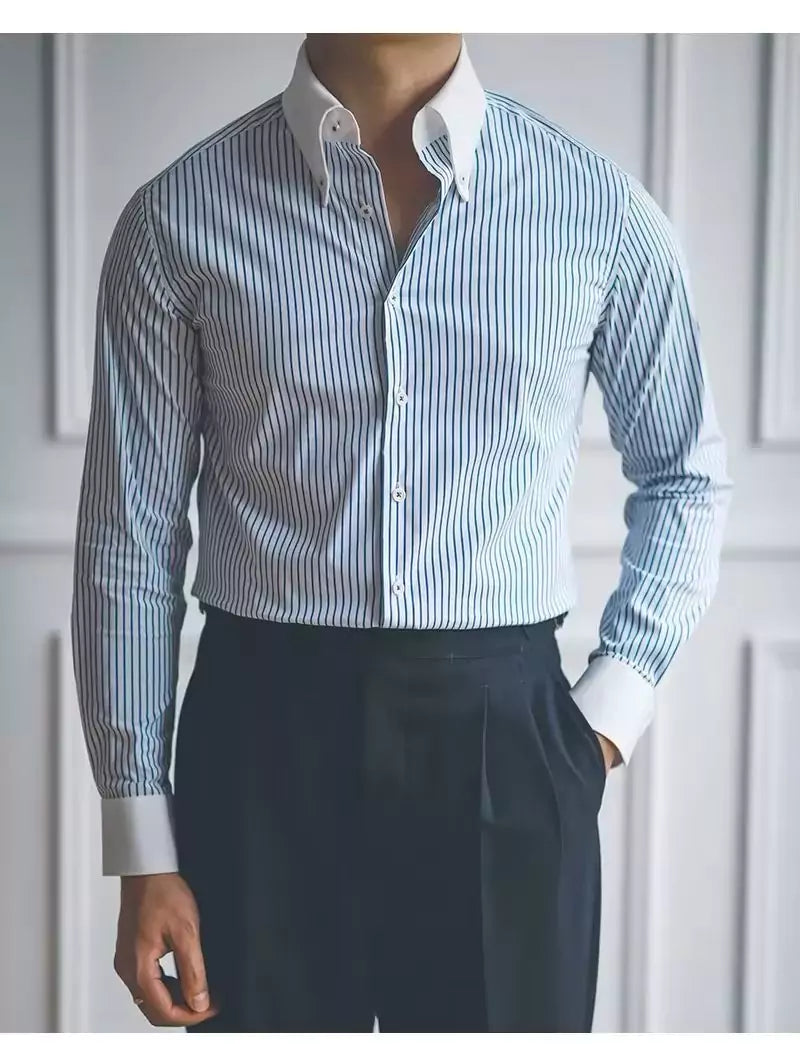 Men's White Blue Striped Dress Shirt | Tailored Fit | Alex Shogun Men's White Blue Striped Dress Shirt | Tailored Fit | Alex Shogun