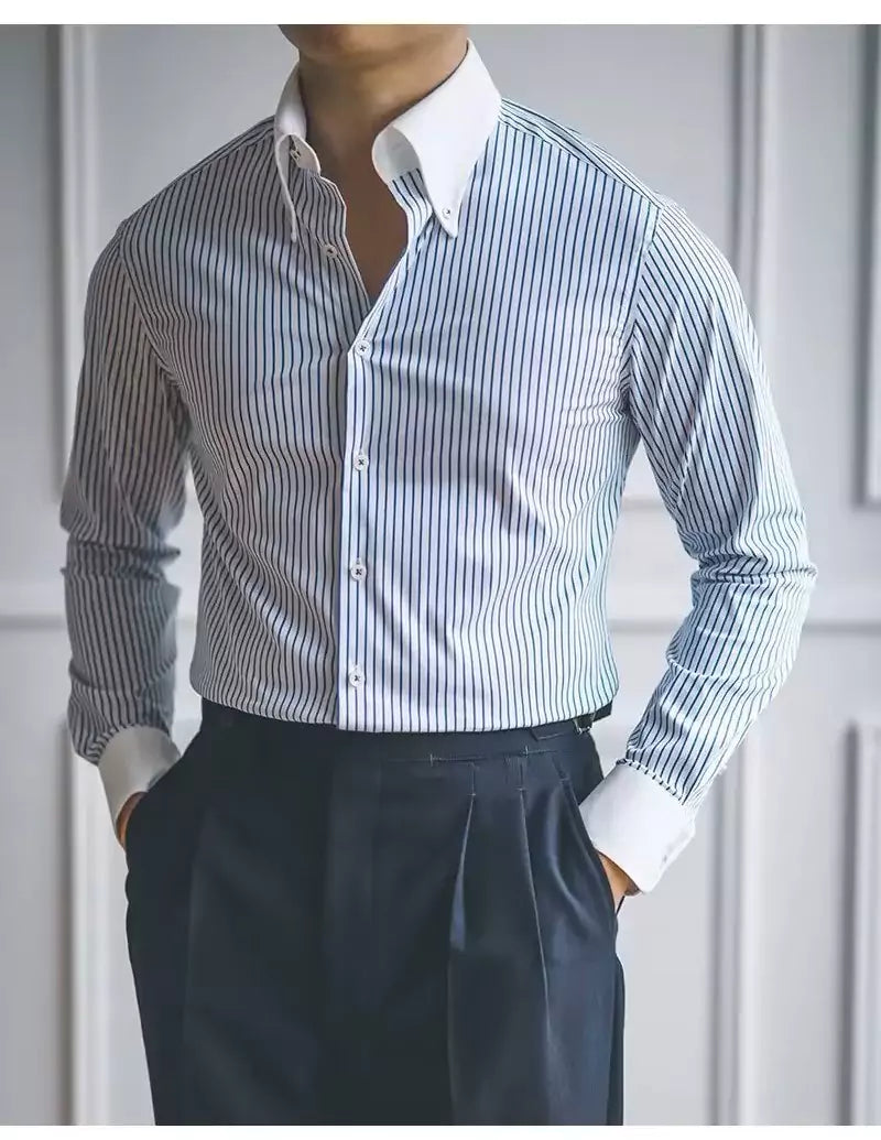 striped dress shirts men Oplxuo Men's Vertical Stripes Dress Shirts, Slim Fit Long Sleeve Button Down Shirts Formal Business Work Suit Shirts, Size: 3XL, Black