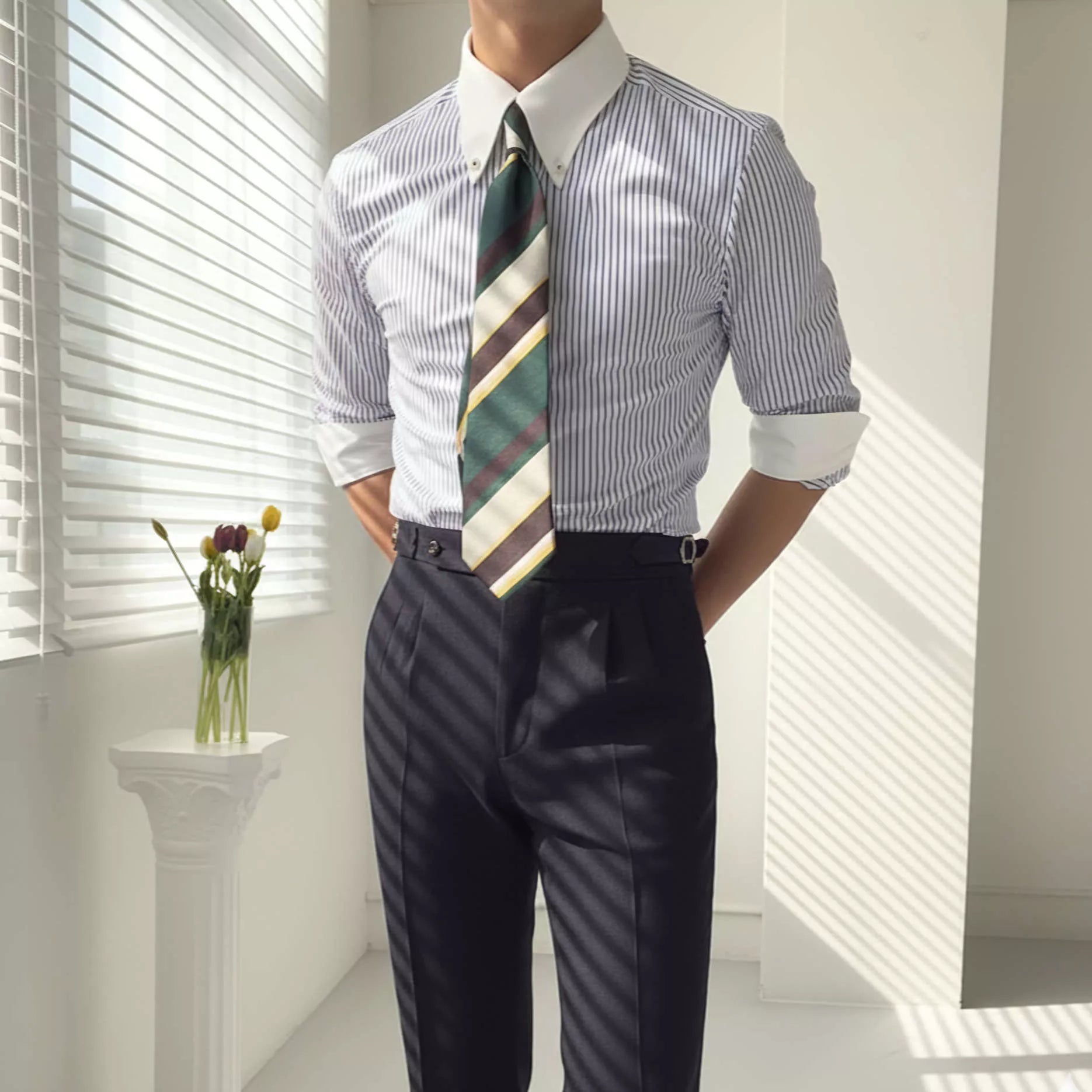 Men's White Blue Striped Dress Shirt | Tailored Fit | Alex Shogun