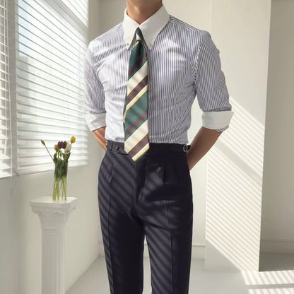 -The Bentley Stripe Shirt - Men's White Blue Striped Dress Shirt | Tailored Fit | Alex Shogun Alex Shogun Men's Clothes