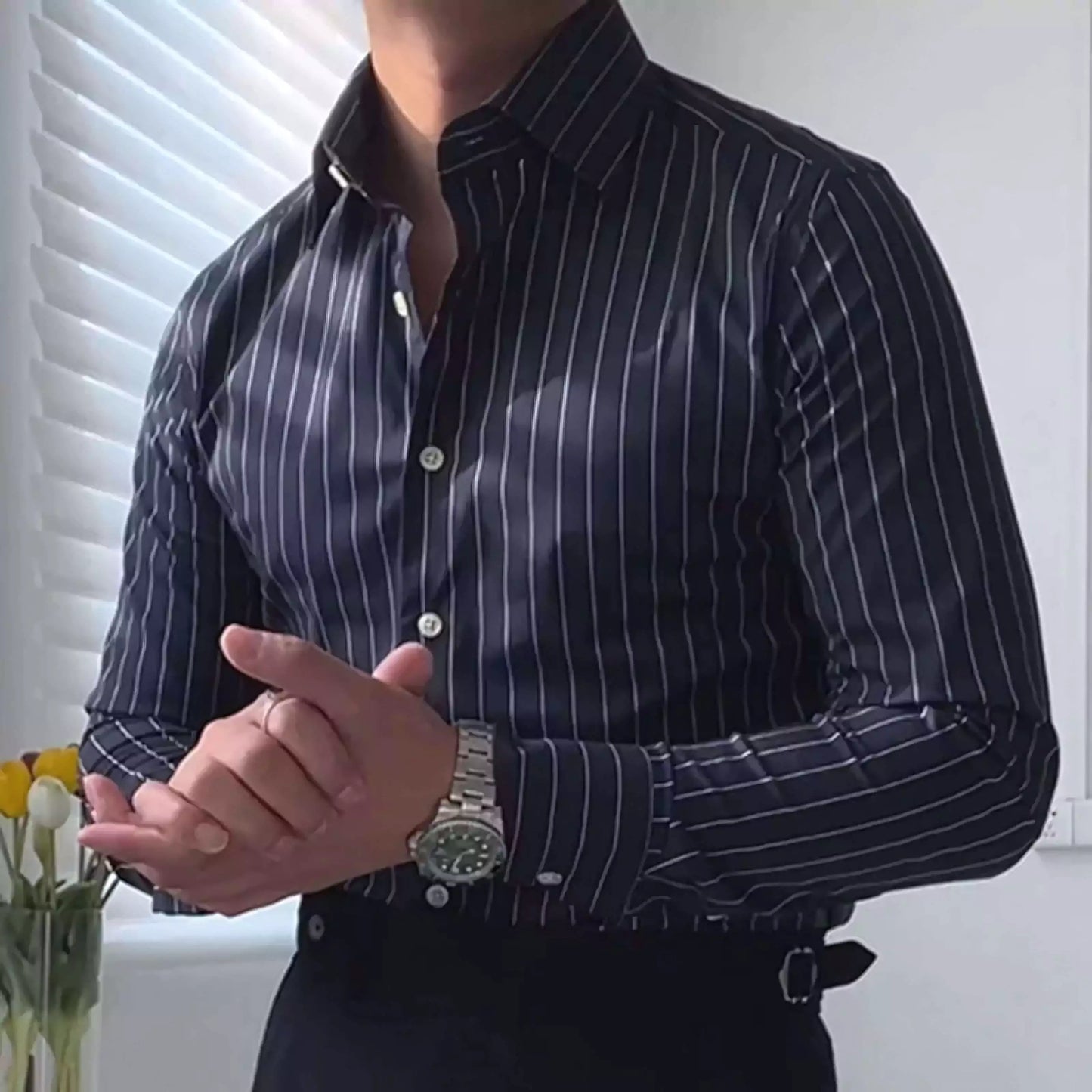 The Davies Dress Stripe Shirt - Striped long sleeve shirts in various trendy designs and colors Alex Shogun Men's Clothes