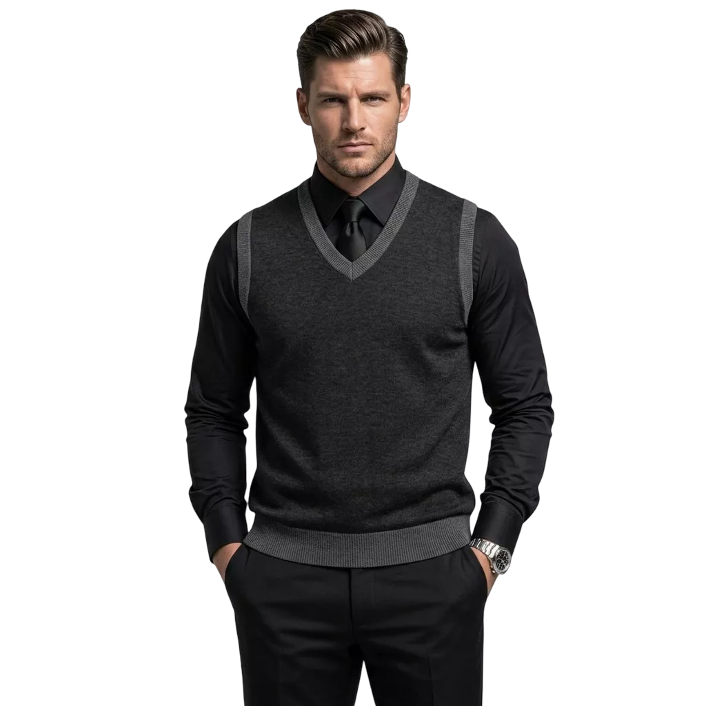 The Noir Essential Vest - Men's Black Knit Vest | Dark V-Neck Sweater Vest | Alex Shogun Alex Shogun Men's Clothes