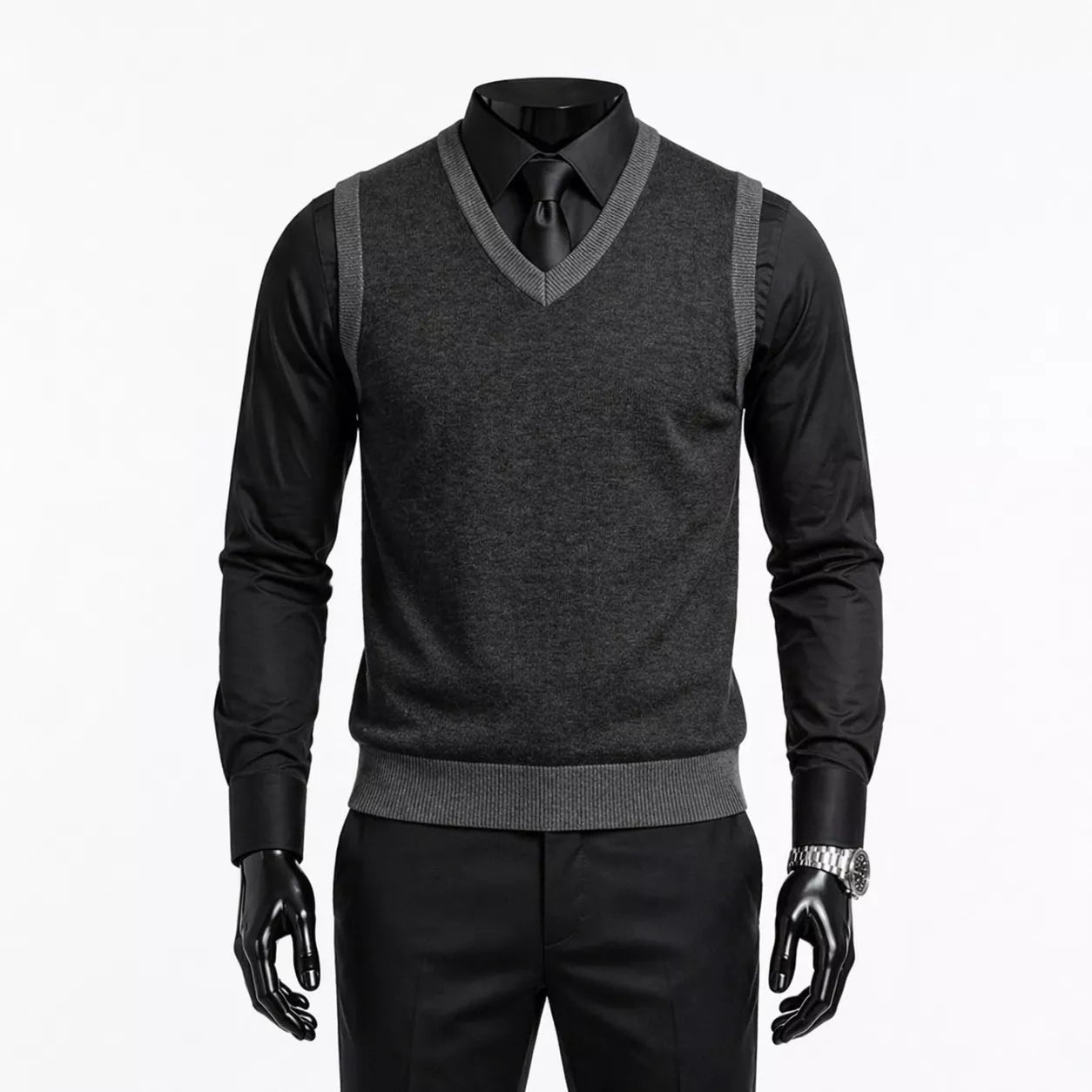 The Noir Essential Vest - Men's Black Knit Vest | Dark V-Neck Sweater Vest | Alex Shogun Alex Shogun Men's Clothes
