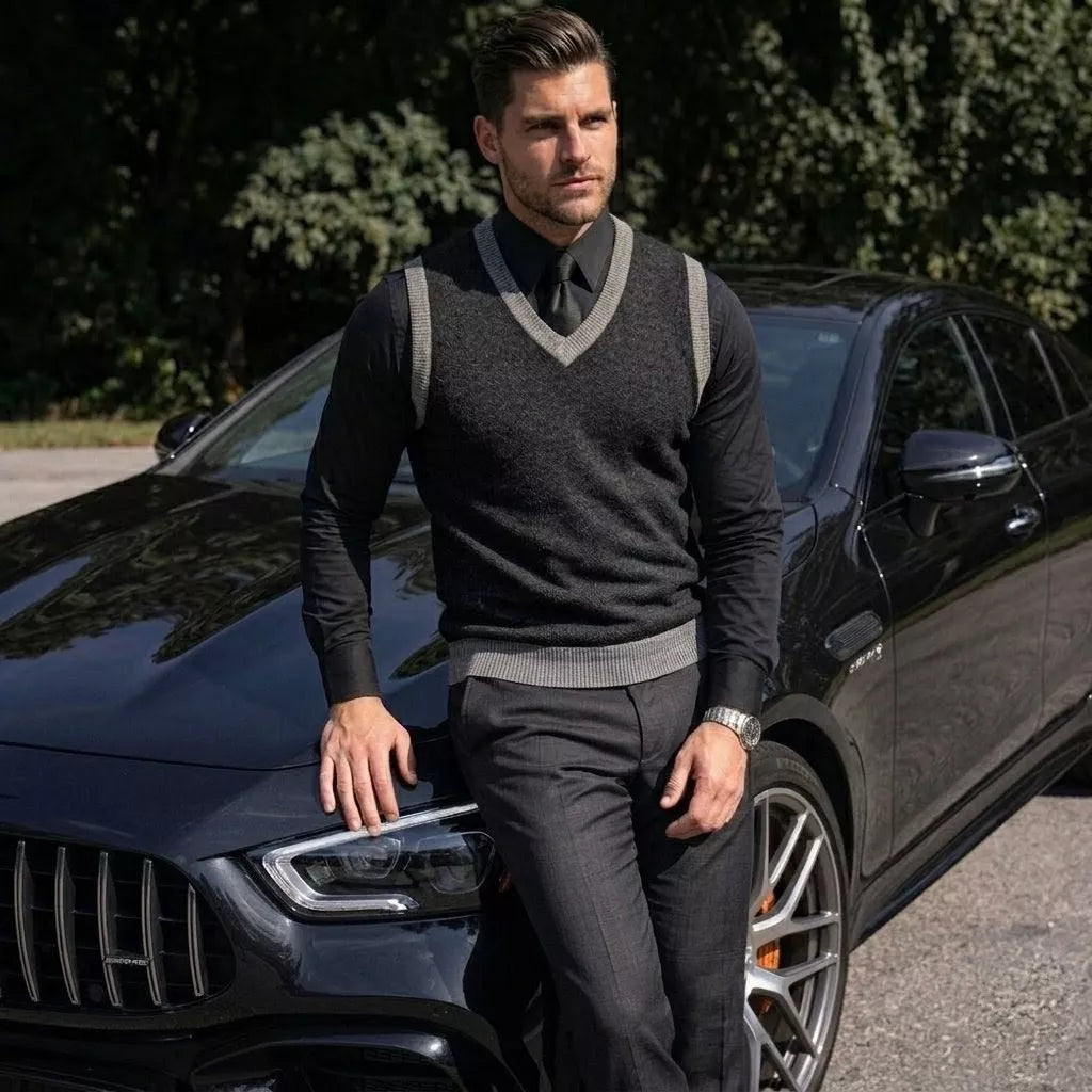 The Noir Essential Vest - Men's Black Knit Vest | Dark V-Neck Sweater Vest | Alex Shogun Alex Shogun Men's Clothes