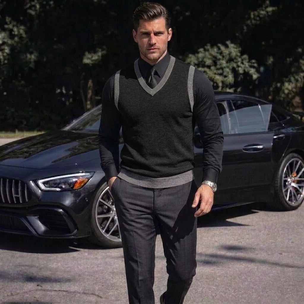 The Noir Essential Vest - Men's Black Knit Vest | Dark V-Neck Sweater Vest | Alex Shogun Alex Shogun Men's Clothes