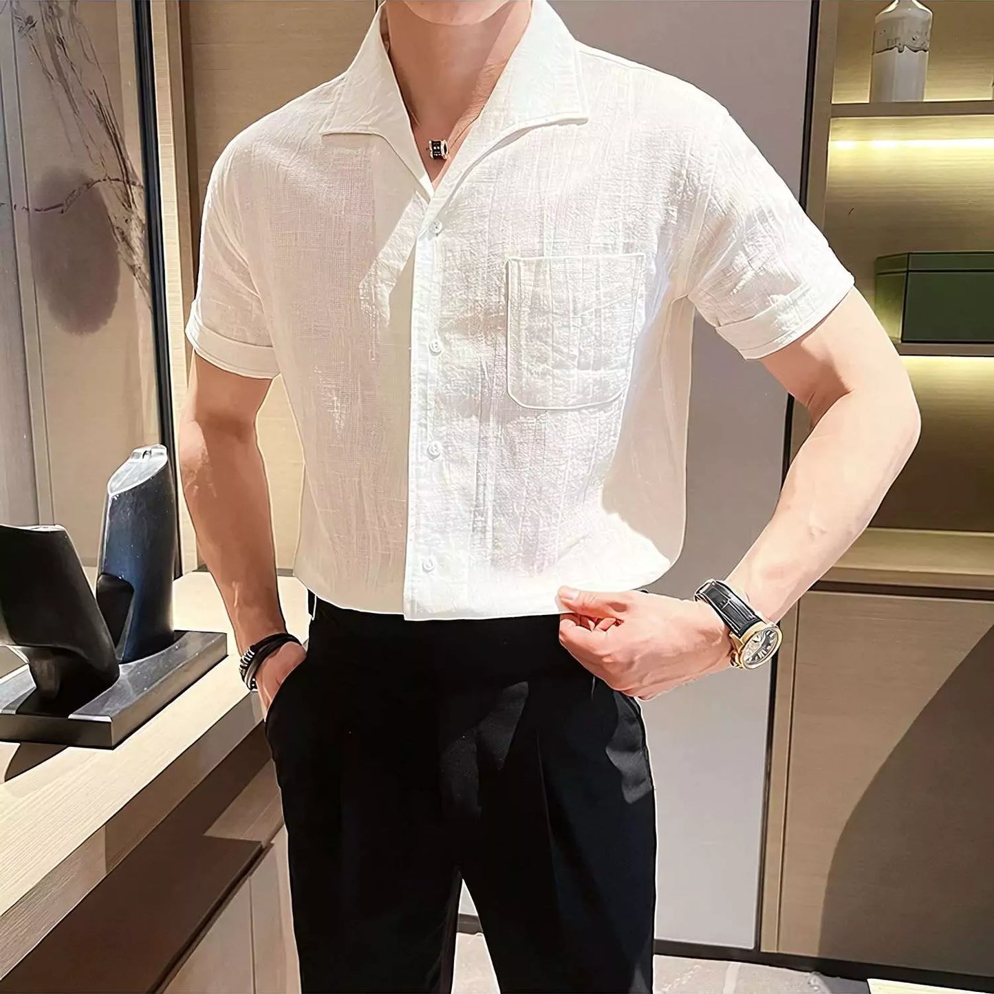 The Riviera Arc-Collar Short-Sleeve Shirt - The Riviera Arc-Collar Short-Sleeve Shirt | Mens Linen Button Up Alex Shogun Men's Clothes