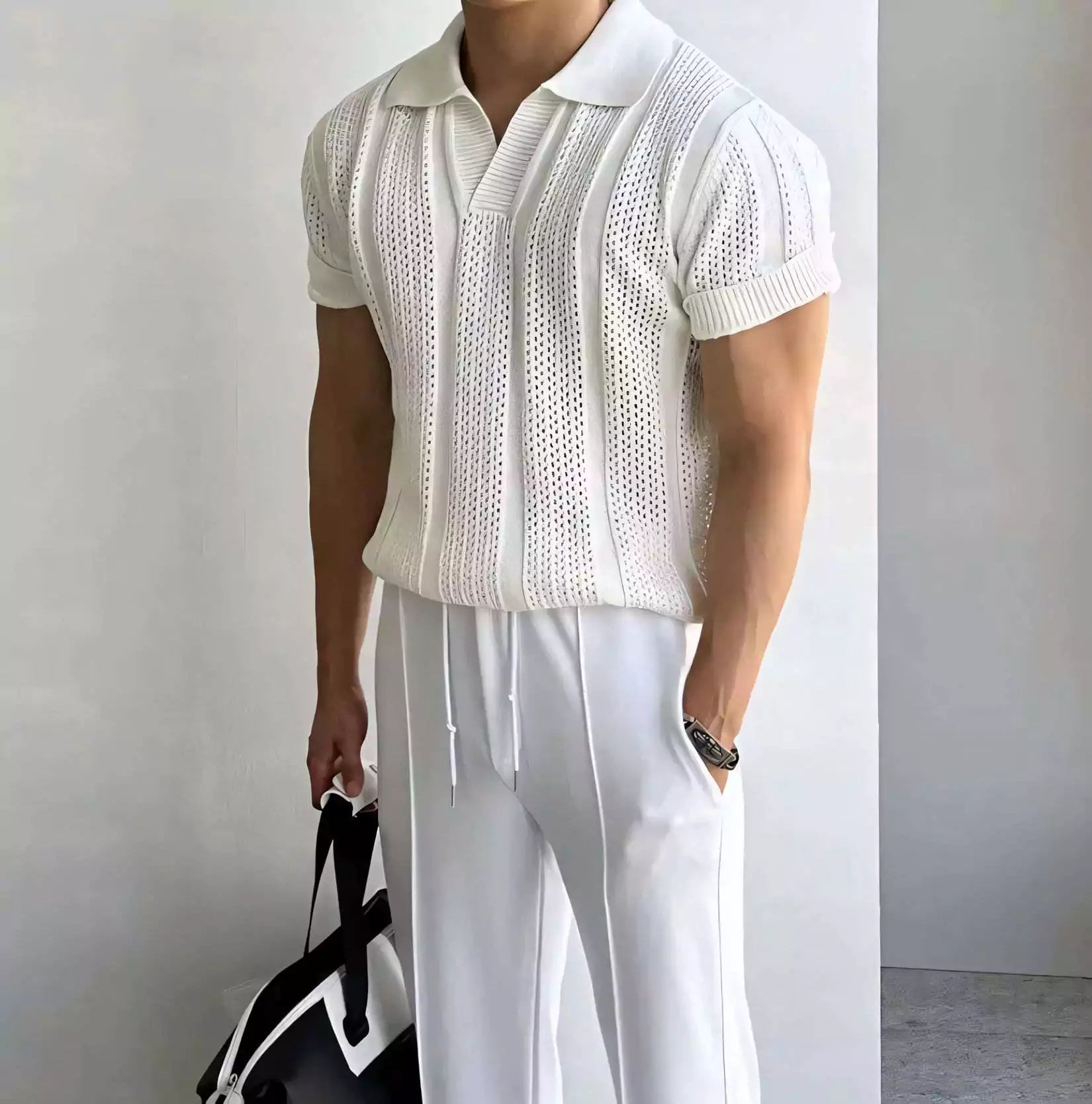 Vintage Hollow Out Knit Polo Shirt - High-Quality Men's Vintage Knit Polo Shirt - Comfortable & Breathable Alex Shogun Men's Clothes