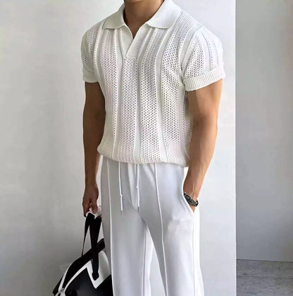 Vintage Hollow Out Knit Polo Shirt - High-Quality Men's Vintage Knit Polo Shirt - Comfortable & Breathable Alex Shogun Men's Clothes